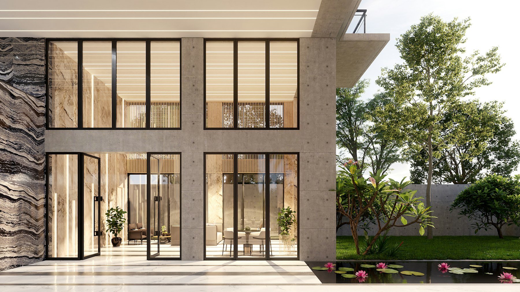A modern home with tall windows beside a garden