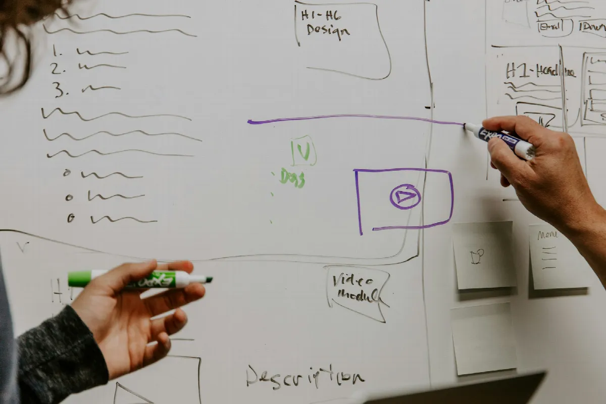 Two people sketching a process on a whiteboard with markers, boxes and arrows drawn across it