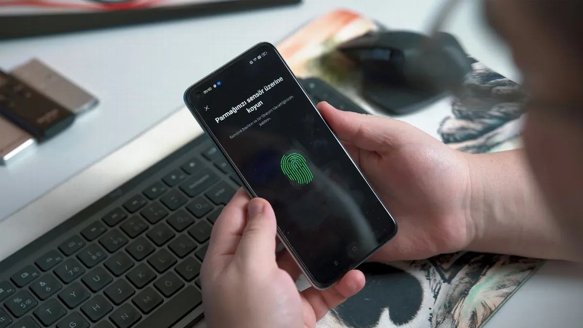 A person’s hand holding a smartphone with the screen lit up