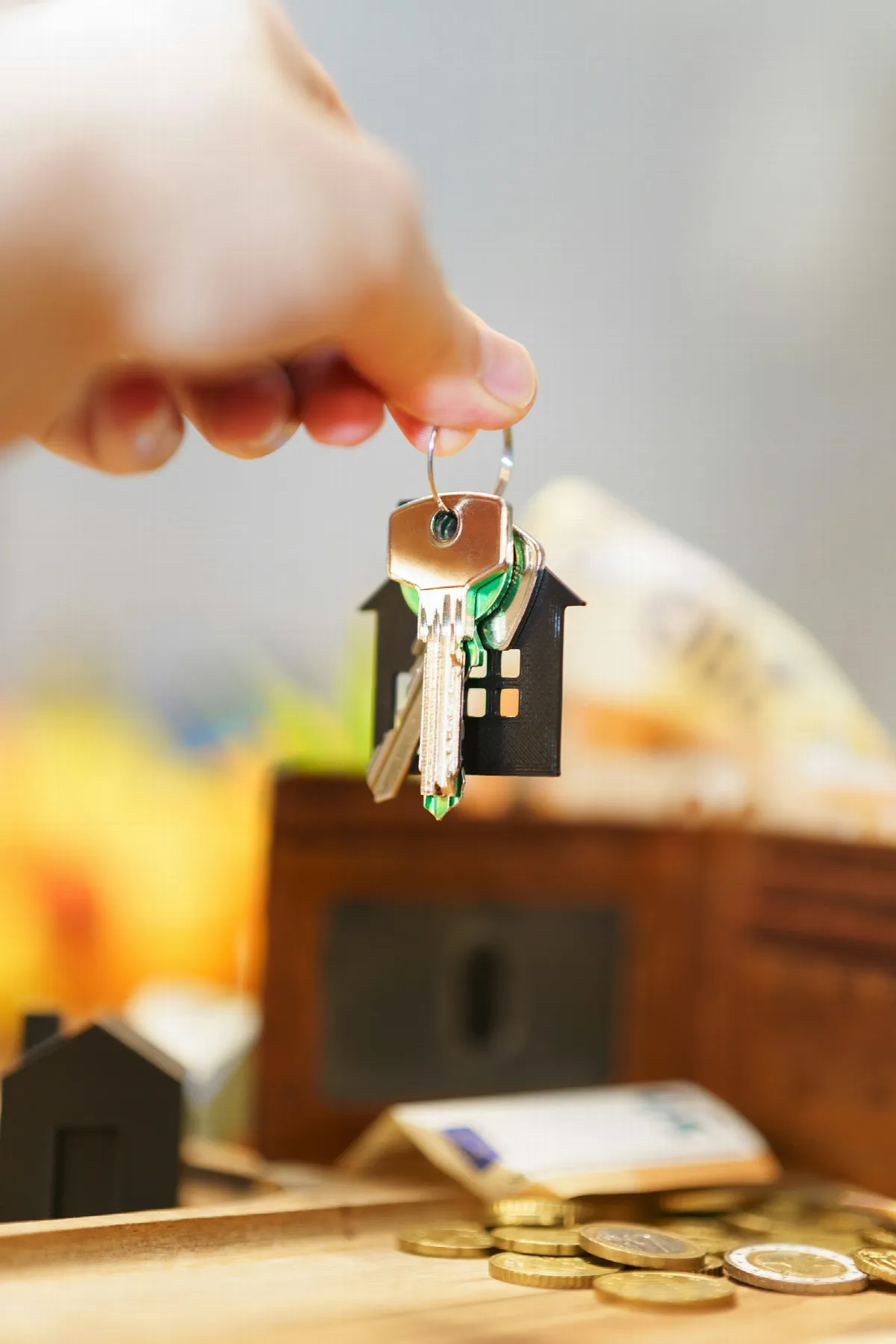 A hand holding a set of keys with a small house-shaped keychain above a wallet and coins