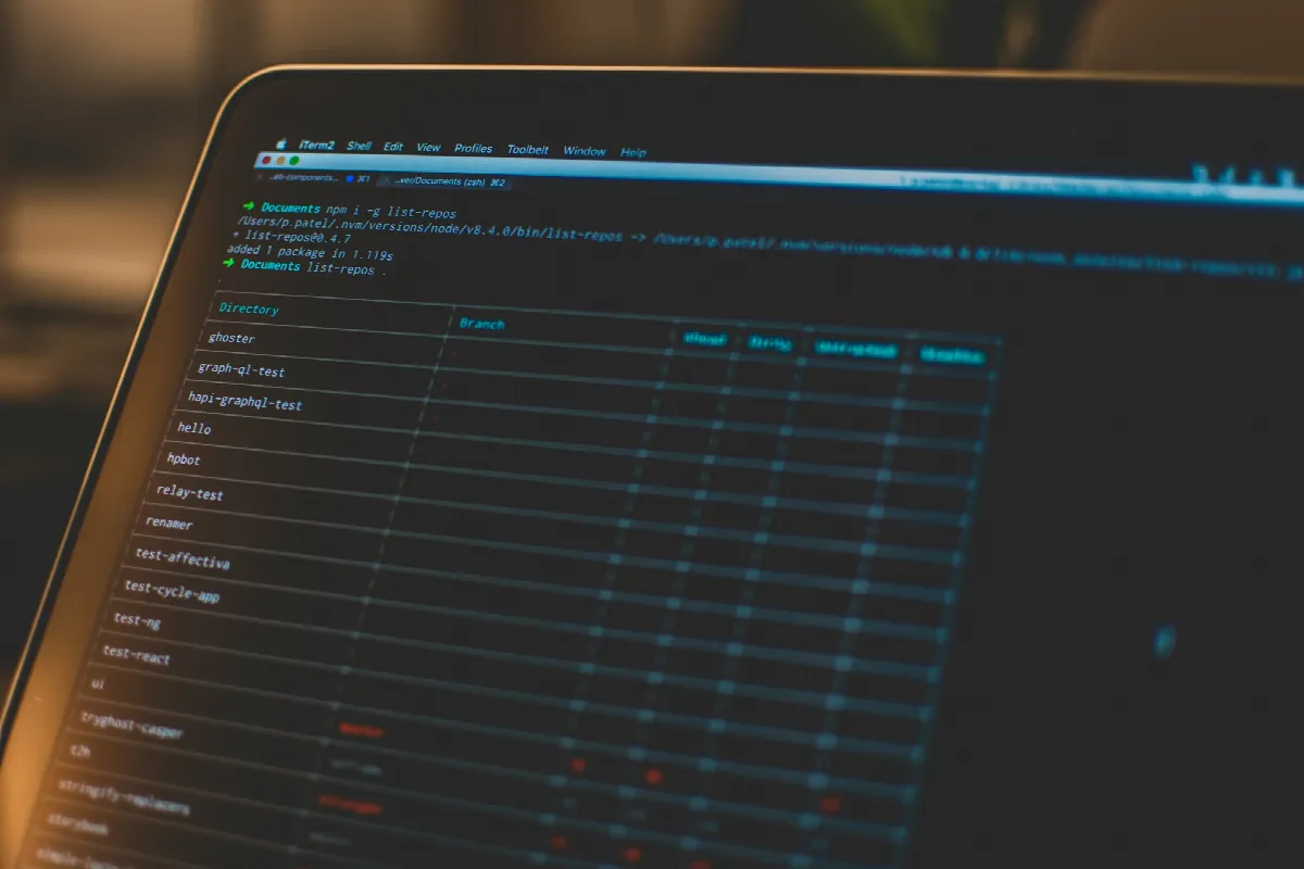A laptop screen at an angle showing a terminal window with a table of project folders in a dim room